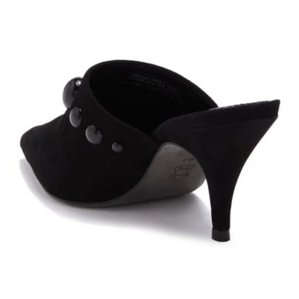 Tory Burch Black Suede Pointed Mule Heels with Stud Accents